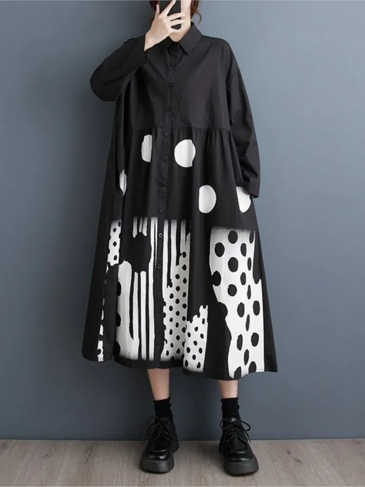 

Oversized Autumn Shirt Long Dress Women Striped Polka Dot Print Pleated Ladies Dresses Long Sleeve Loose Woman Dress 2024