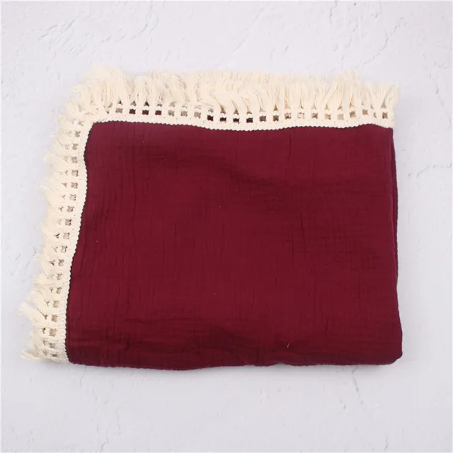 Cotton Muslin Swaddle Blankets for Newborn Baby Tassel Receiving Blanket New Born Swaddle Wrap Infant Sleeping Quilt Bed Cover Burgundy