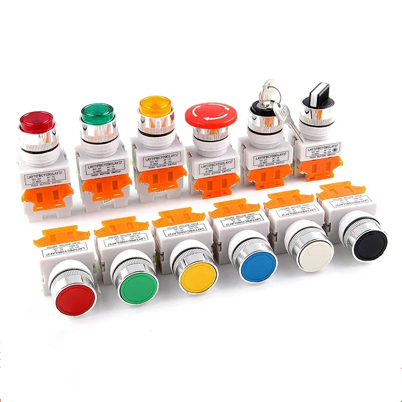 22mm LAY37 Y090 Mushroom Head Emergency Stop RotationReset Self Lock Push Button Switches Red Blue Green 1NO 1NC 10A250VAC
