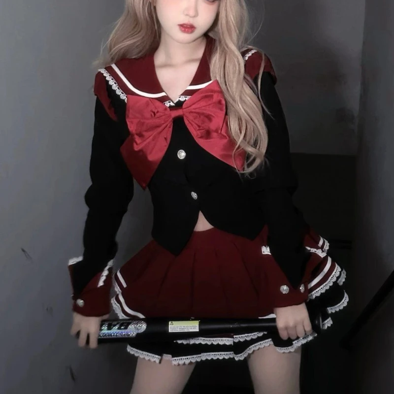 Y2k Aesthetic Preppy Style 2 Piece Set Women Kawaii Bow Long Sleeve Tops +Short Skirt Harajuku Fashion JK Uniform Sailor Outfits 1