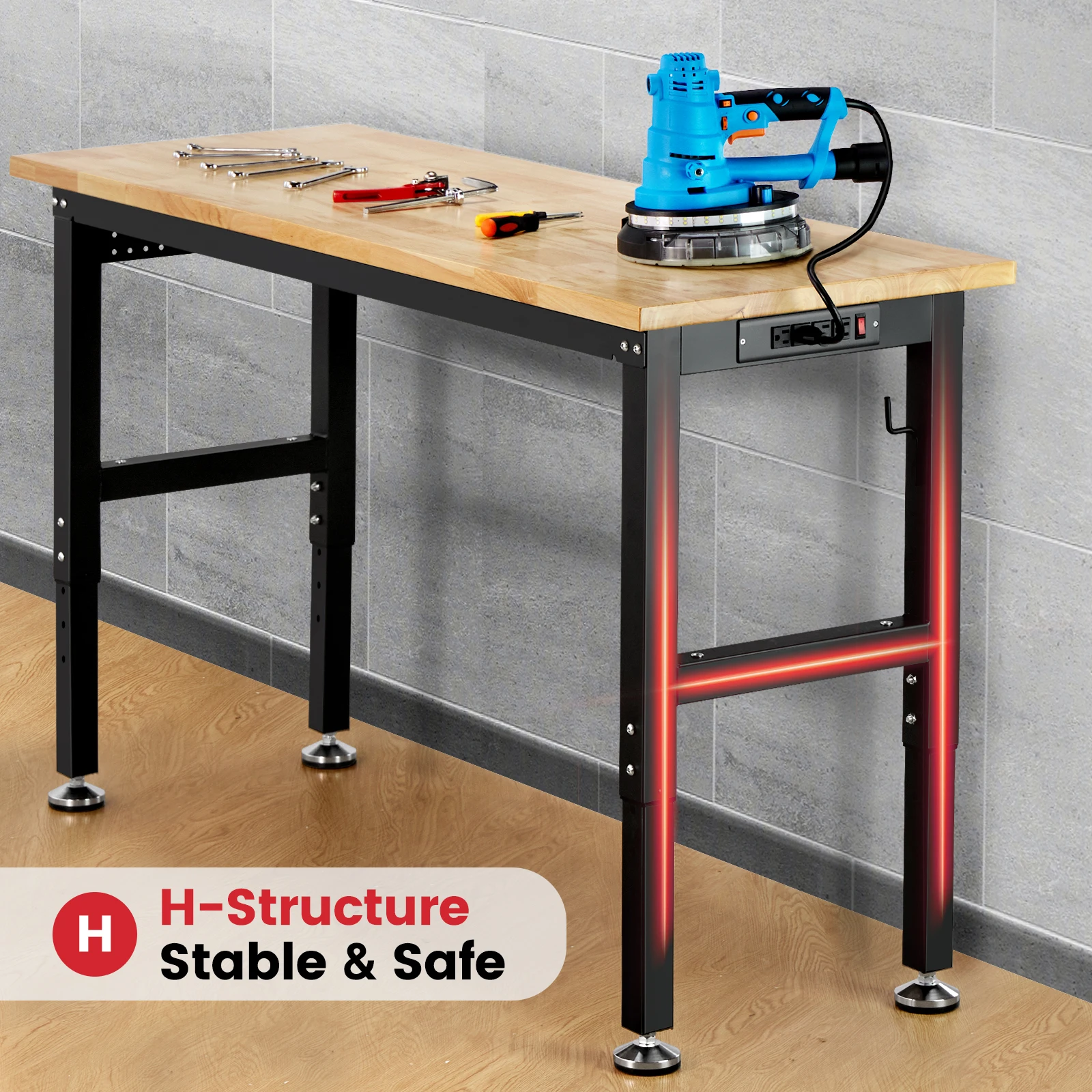Adjustable Height Wood Workbench Table with Power Outlet