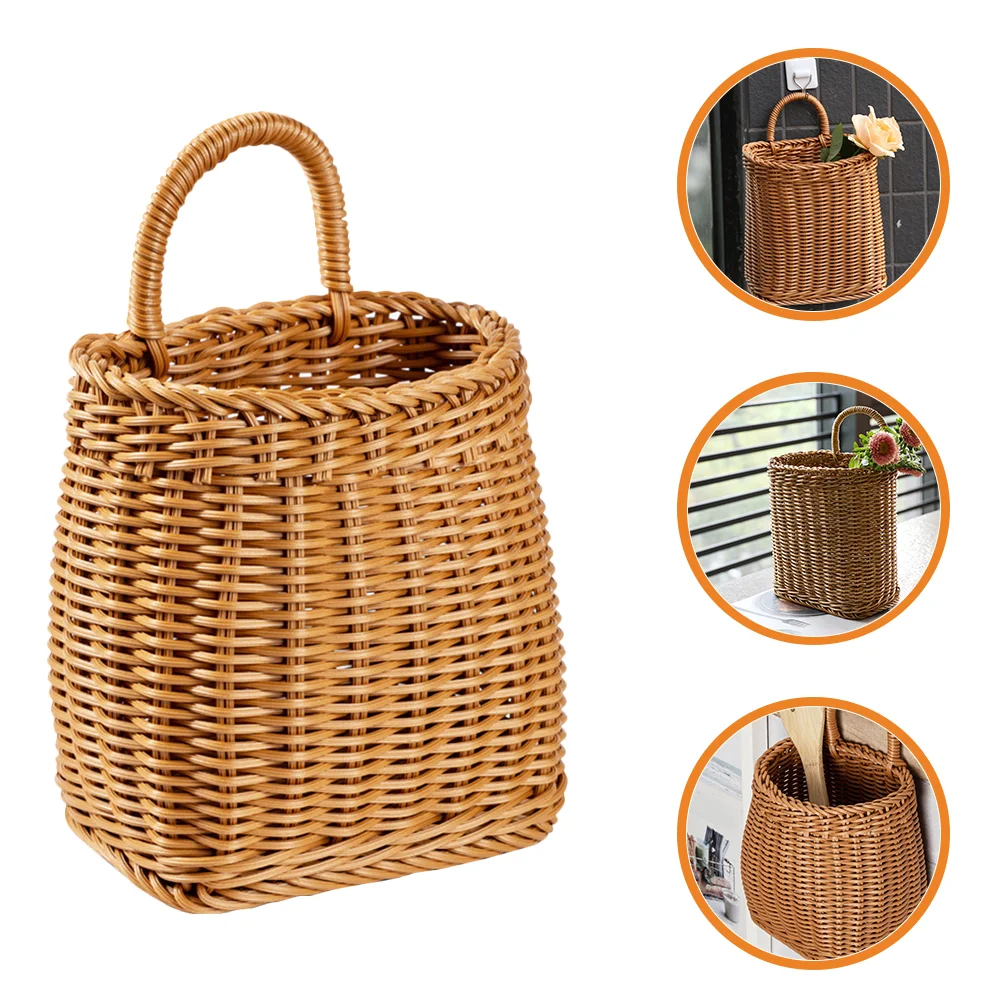 

Hanging Storage Basket Imitation Rattan Woven Basket Plastic Pantry Wicker Basket Wall Hanging Flower Basket Ginger Garlic