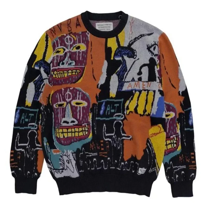 

High quality 1:1 O-Neck Vintage Orange Graffiti Jacquard WACKO MARIA Sweater Men Women Loose Streetwear Knitted Sweatshirts