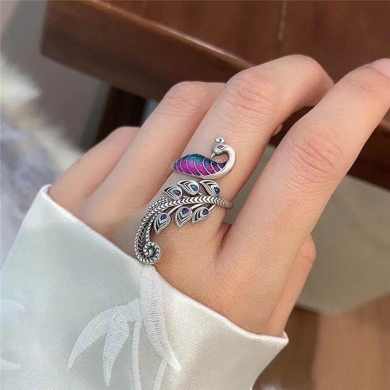 925 Sterling Silver Fashion Enamel Peacock Open Rings For Women Girl Lady Anti-Allergy LR041 Noble Elegant Wedding