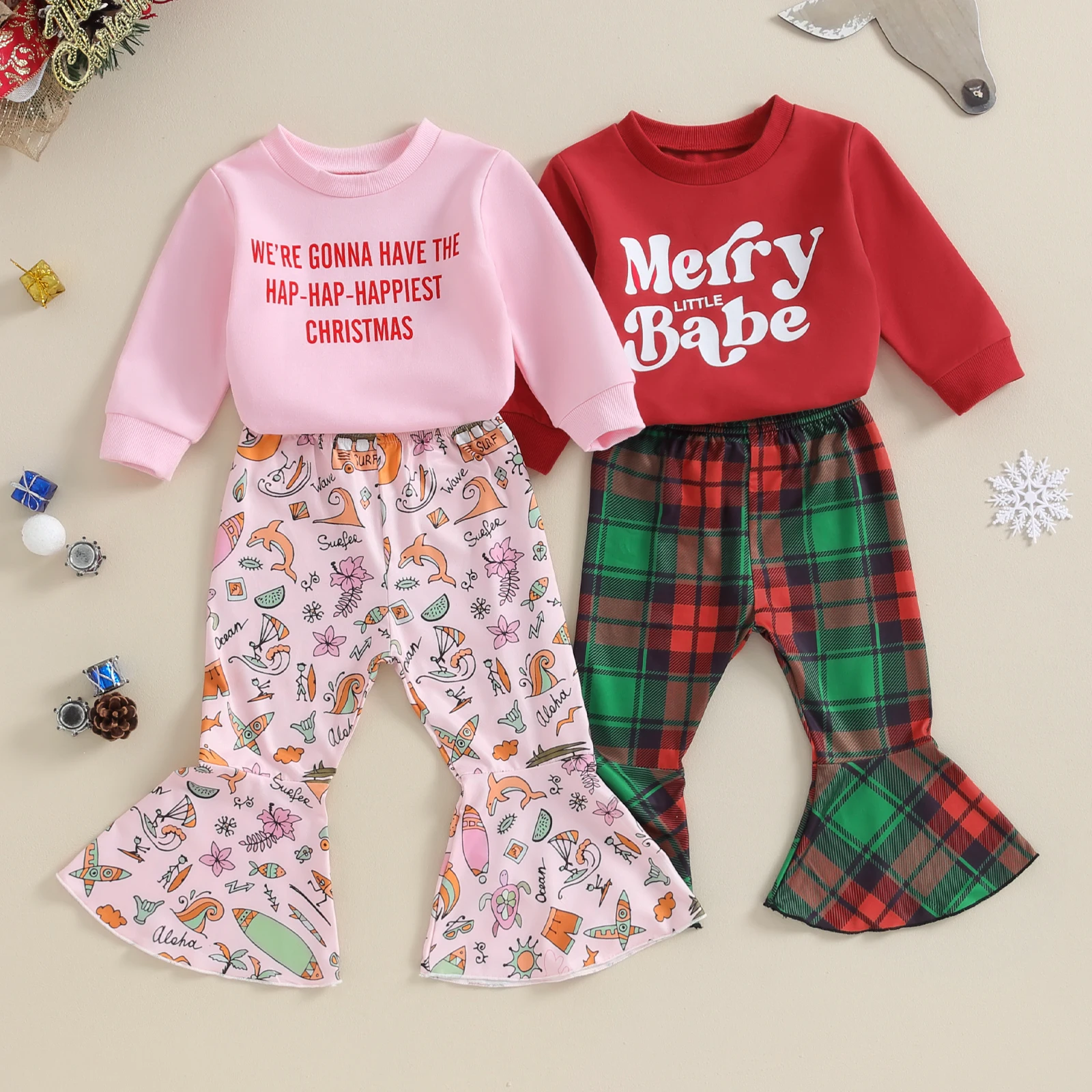 

2023-09-07 Lioraitiin 9 months to 4 years Old Рождественская одежда для маленьких девочек веселый маленький ребенок печенье шайба Свитшот комплект расклешенных брюк