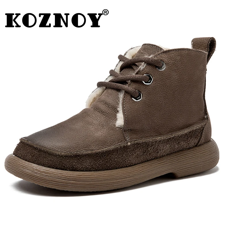 

Koznoy 3cm Cow Suede Genuine Leather Ankle Boots Soft Soled Flats Booties Autumn Winter Women Plush Comfy Spring Rubber Shoes