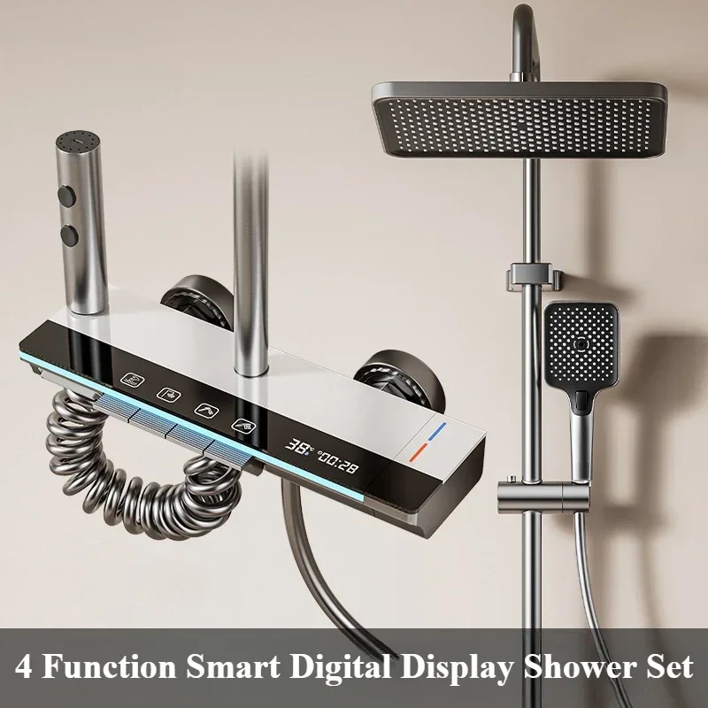 Intelligent Digital Display Luxury Shower Set Bathroom Wall Mounted Piano Key 4 Ways Water Outlet Rainlfall Shower Faucet System shower faucet system