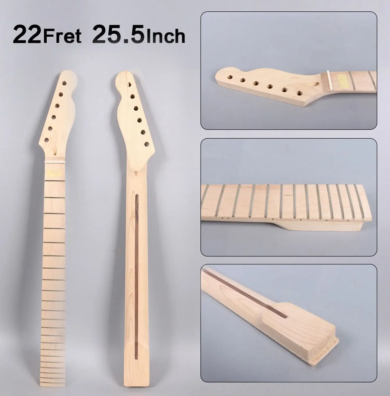 

22 Fret Guitar Neck 25.5 Inch Maple Fretboard Truss Rod Adjust at Headstock Replacement Head Bolt on Heel with Back Stripe