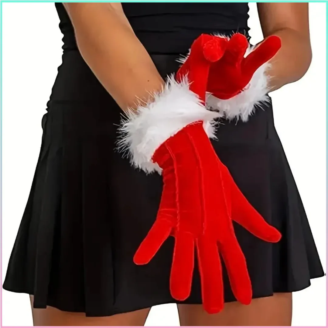 1set Velvet Santa Claus Gloves Full Finger Mitten Short Red Santa Christmas Mittens Girl Birthday Gift New Years 2026