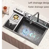 Stainless Steel Kitchen Sink with Trash Can Embossed with Waterfall Faucet Digital Display Large Single Solt Dishwashing Sinks 2
