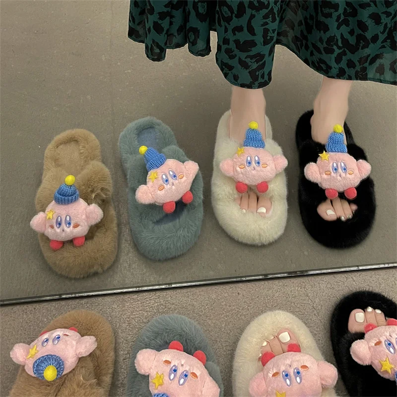

Kawaii Kirby Fur Slippers Student Cartoon Animation Ins Autumn and Winter New Outer Wear Fur Slippers Women's Open Toe Slippers