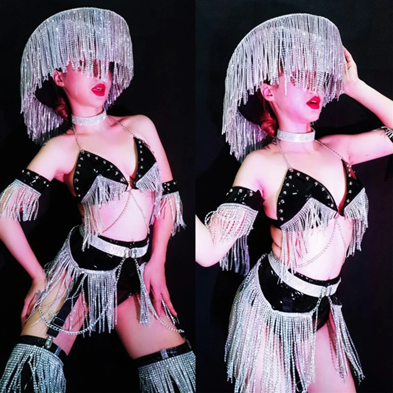 

Women Festival Clothing Nightclub Gogo Dancer Performance Stage Costume Sexy Sparkly Crystal Tassel Bikini Rave Clothes