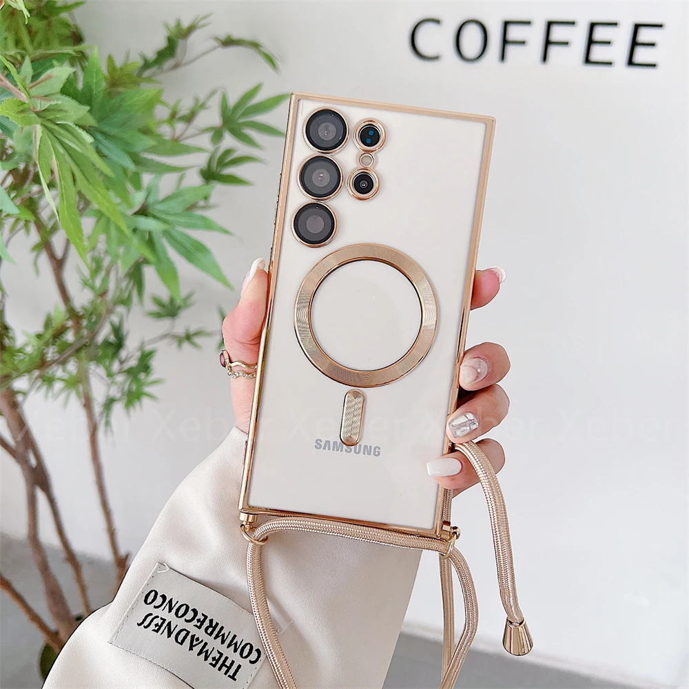 Magnetic Clear Plating Crossbody Necklace Lanyard Case with Lens Glass Cover