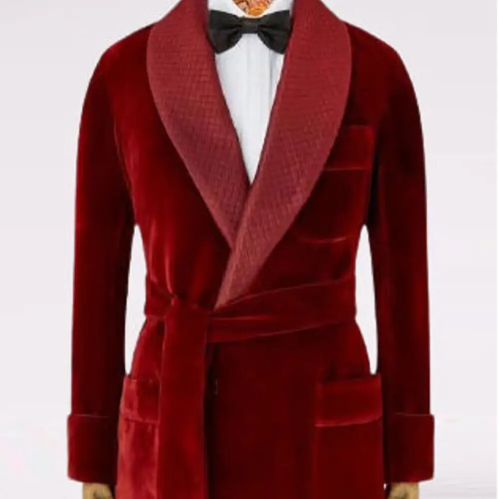 England Style Men's Suit Jackets Made Smoking Blazer Dinner Party Red Velvet Man Trench Coat Long Male Evening Dress