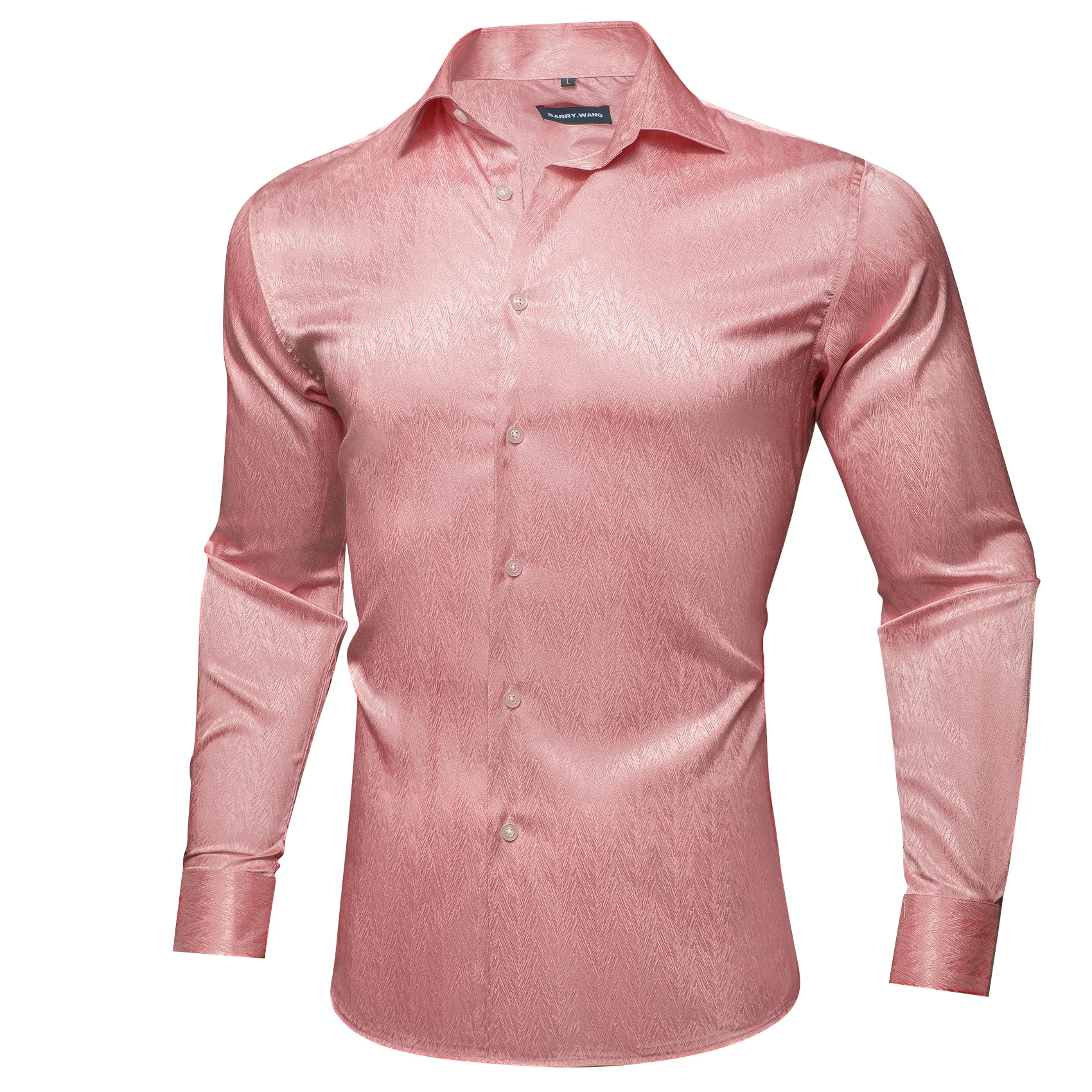 

Coral Pink Men Silk Shirt Fashion Design Long Sleeve Woven Style Lapel Casual Fit Groom Party Wedding Business Barry.Wang CY-548