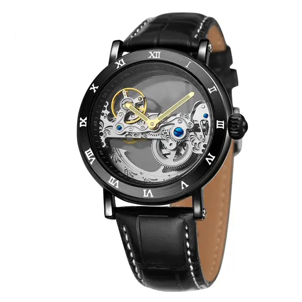 FORSINING Luxury Design Transparent Case Black Leather Strap Mens Watches Top Brand Luxury Automatic Skeleton Wrist Watches
