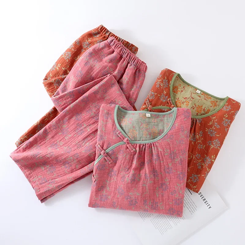 Chinese-style Color-woven Jacquard Pajamas Cotton Double-layer Gauze Pijamas Women Long-sleeved National Style Loungewear Set_ecoleips.com