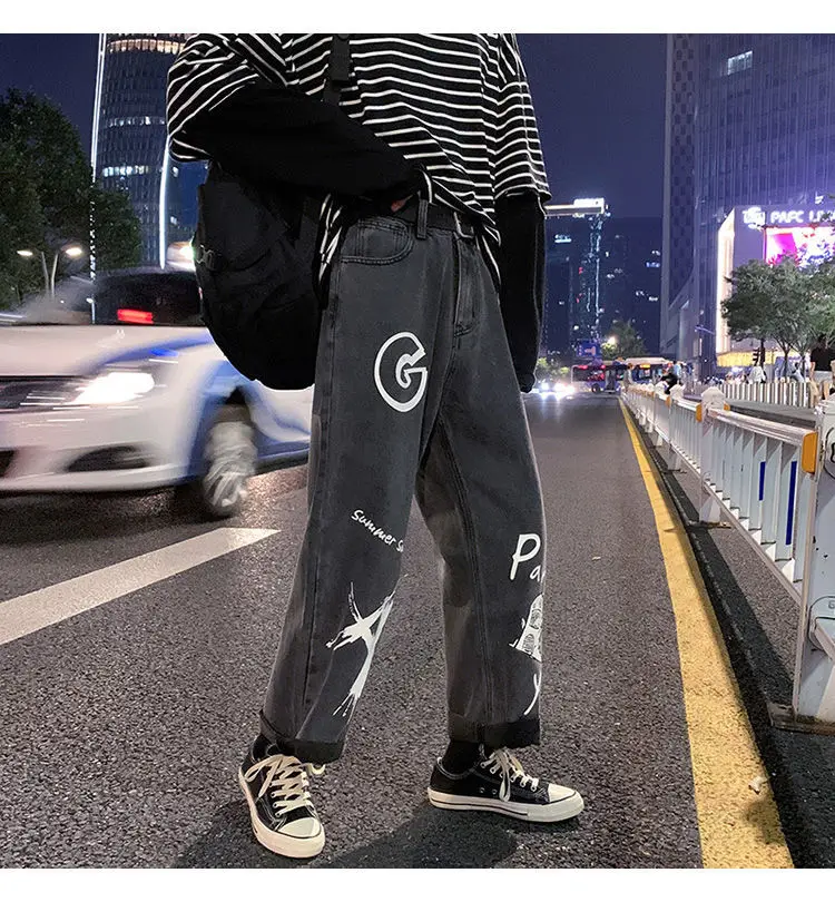 light blue jeans men Spring and Summer HipHop Straight Jeans Men's Graffiti Casual Trousers Trendy Loose Wide Leg Pants Male Student Ins All-Matching flannel lined jeans