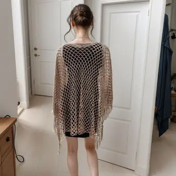 Breathable Tassel Sunscreen Cover-up Loose Fit Crochet Knit Hollow Out Top Casual Plus Size Fishnet Swimsuit Cover Up Vacation