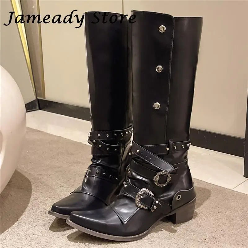 

Retro Spice Girl Rivet Knight Boots Punk Styel Belt Buckle Pointed Toe Knee High Knight Boots Large Size Western Cowboy Botas