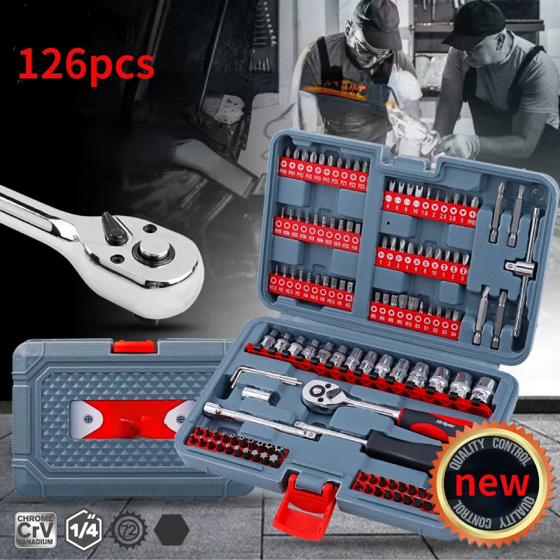 126Pcs  Ratchet Socket Wrench Set Sleeve Multifunctional Bits Assembly Tool Household Repair Automotive Machinery Repair Tools