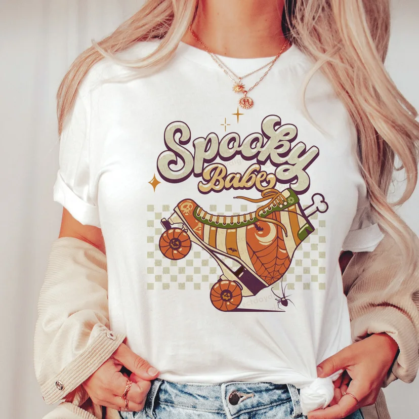 Футболка с простым рисунком Женская мода для Хэллоуина Женская Повседневная Милая Повседневная Универсальная футболка с коротким рукавом и надписью.