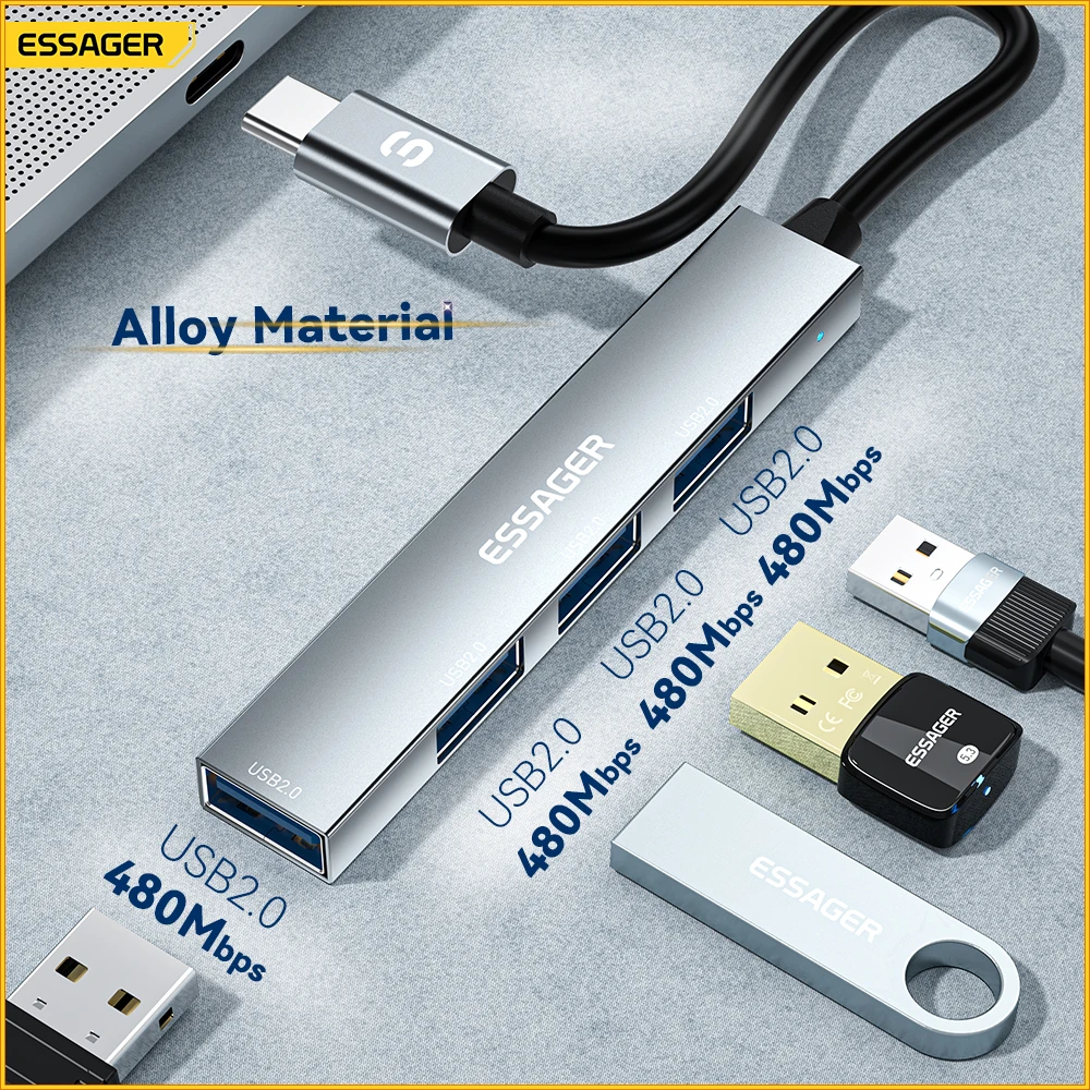 USB Hub Adapter Type C Docking Station USB Port Adaptor USB Hub Converter Cable Converter Docking Station Type C OTG Adapter Essager 4 in 1 USB Hub to Type C USB 2.0 for Macbook Air Pro Laptop Dock Station Splitter