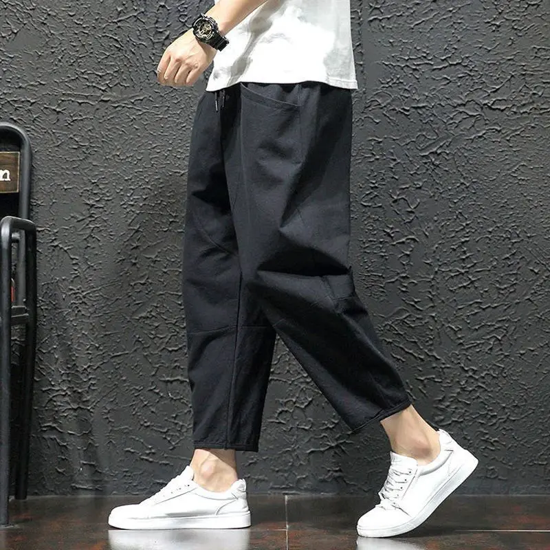Youth Casual Solid Color Pocket Man Ninth Pants New Classic Loose Waist Drawcord Quick Drying Tide Male Fashion Trousers