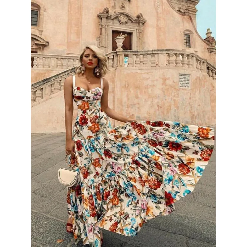 Summer new women's fashion sexy sleeveless halter skirt print dress