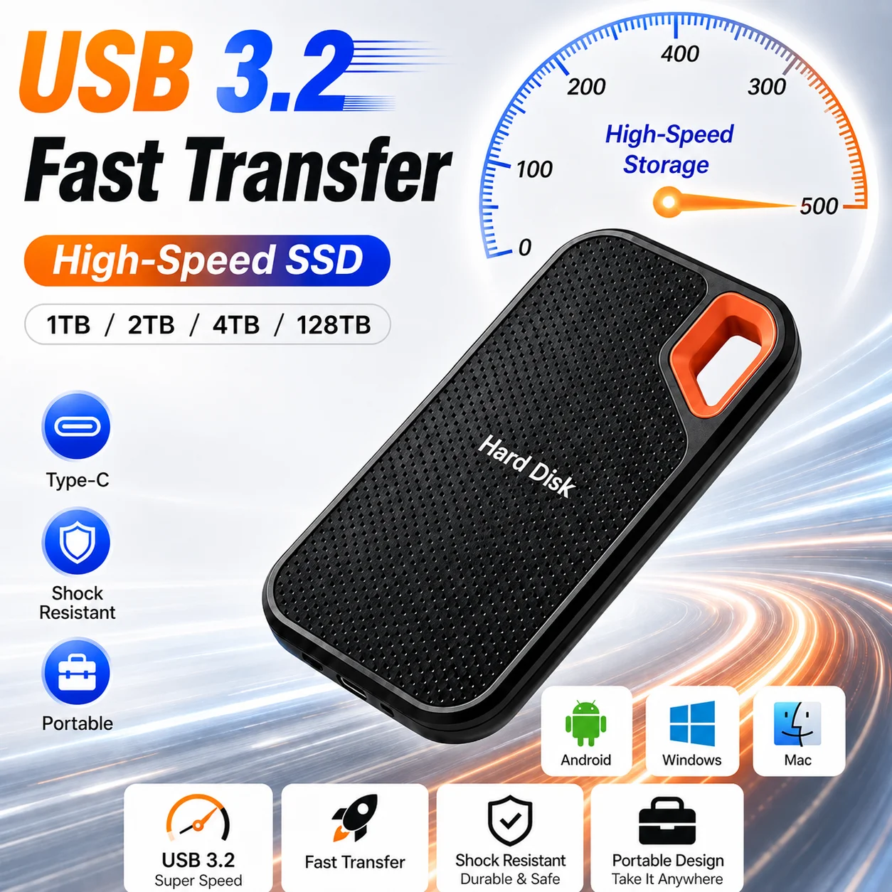 Unidad de Estado Sólido Portátil Externa de 1 TB, Disco Duro de 2 TB, Almacenamiento de Datos Confiable para PC/Mac/Teléfono 1