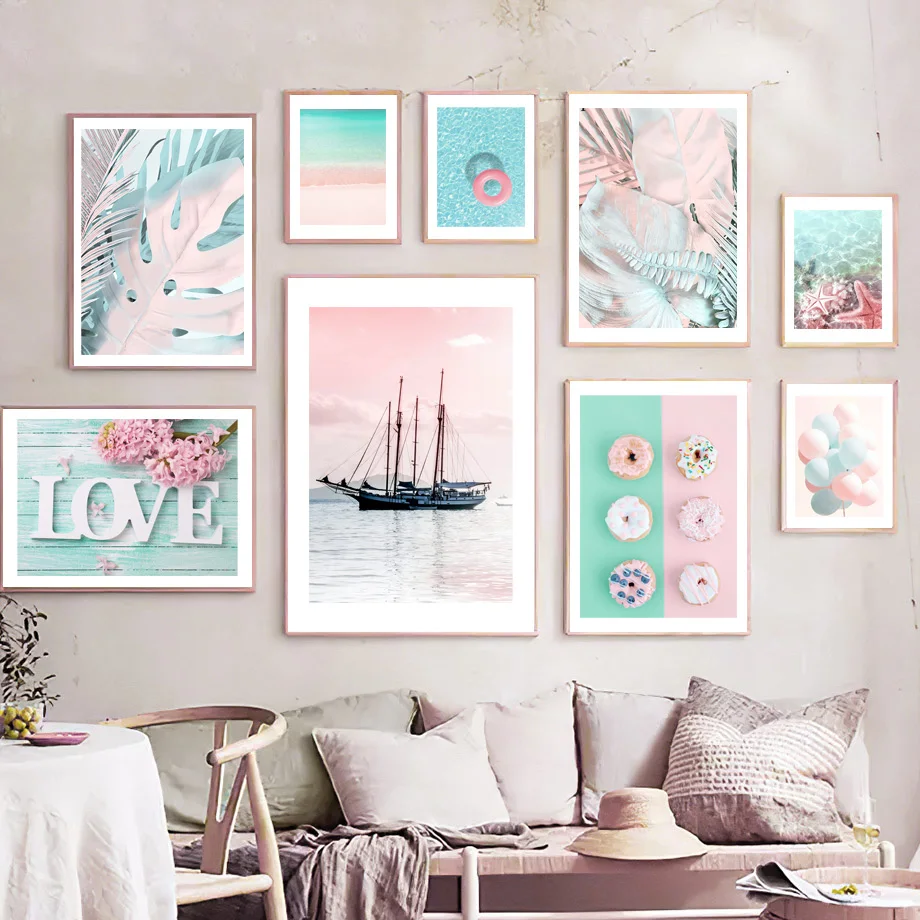 Pink Sea Ship Donut Lifebuoy Balloon Starfish Monstera Love Poster Nordic Wall Art Canvas Painting Living Room Home Decor