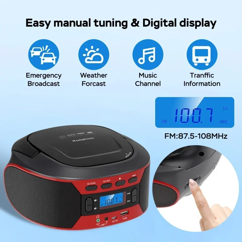

Портативный беспроводной CD-плеер, стерео-колонка, FM-радио, mp3-плеер, USB-обучение, музыка, образование плода, аудио