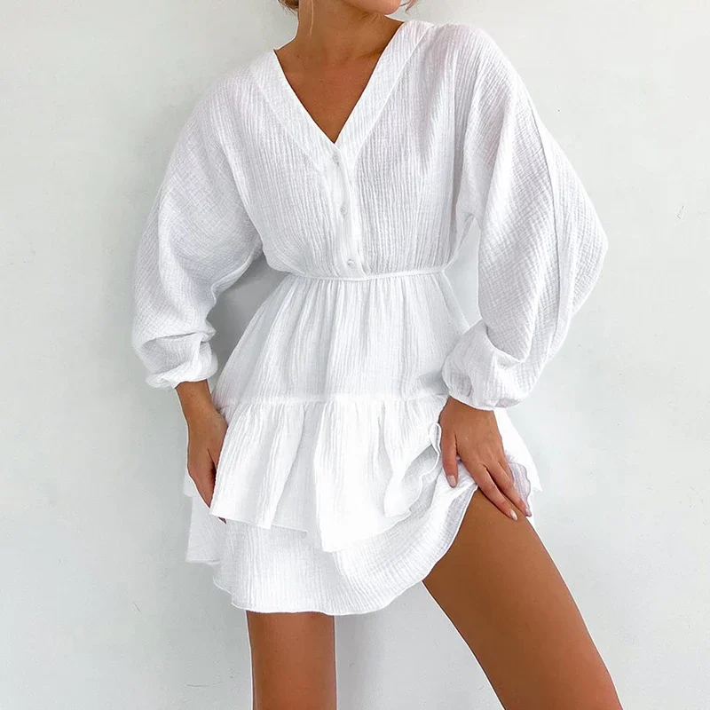 

PASSIONNÉ Women's Dress V-neck Lantern Long Sleeve High Waist Slim Cupcake Dresses Female 2023 Casual Fashion Autumn New