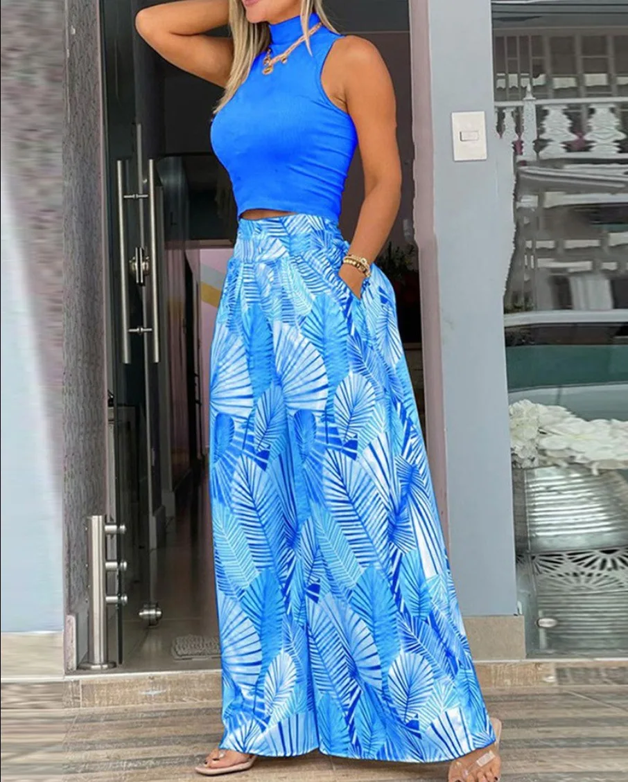 

Choichic New Sleeveless Vest Women's Suit Fashion Printed Wide Leg Trousers Slim Elegant Female Temperament Office 2 Piece Set
