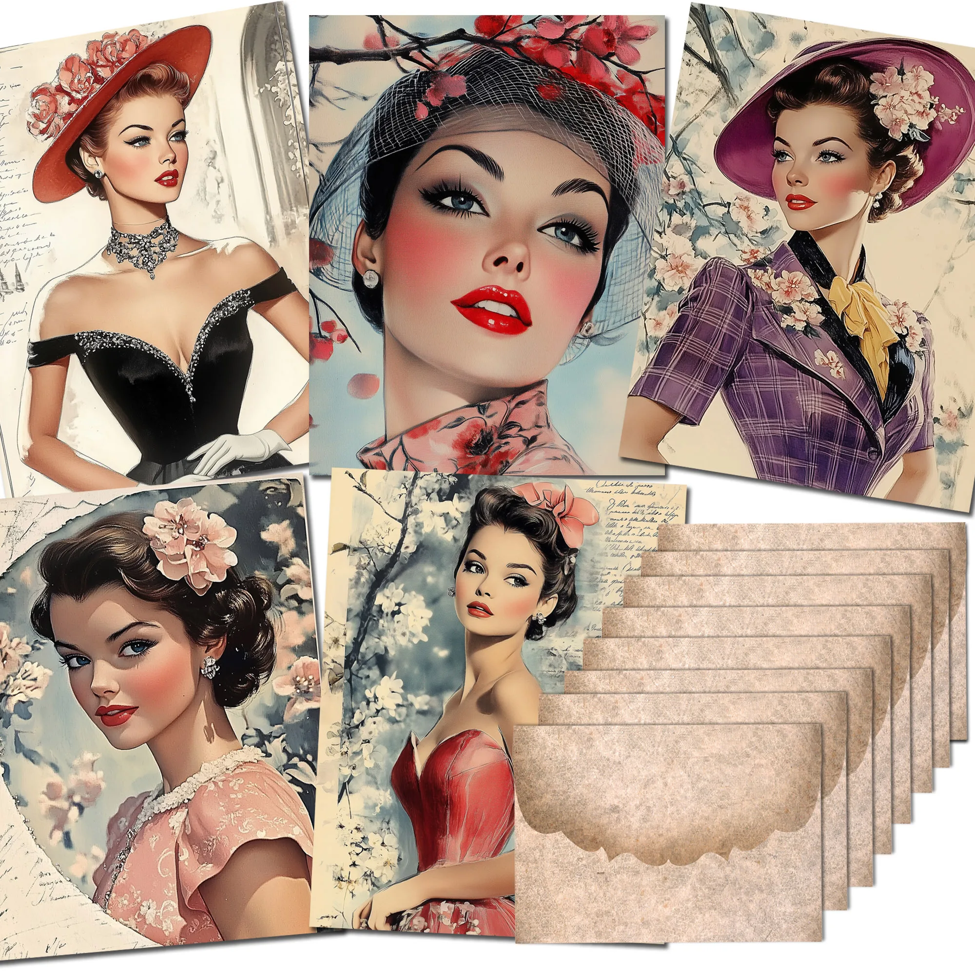 80s Modern Girl Vintage Style PostCards Kits with Sticker for Scrapbooking Supplies Junk Journal Kits 68pieces(with 8 envelopes) stickers scrapbooking supplies,journal tools set