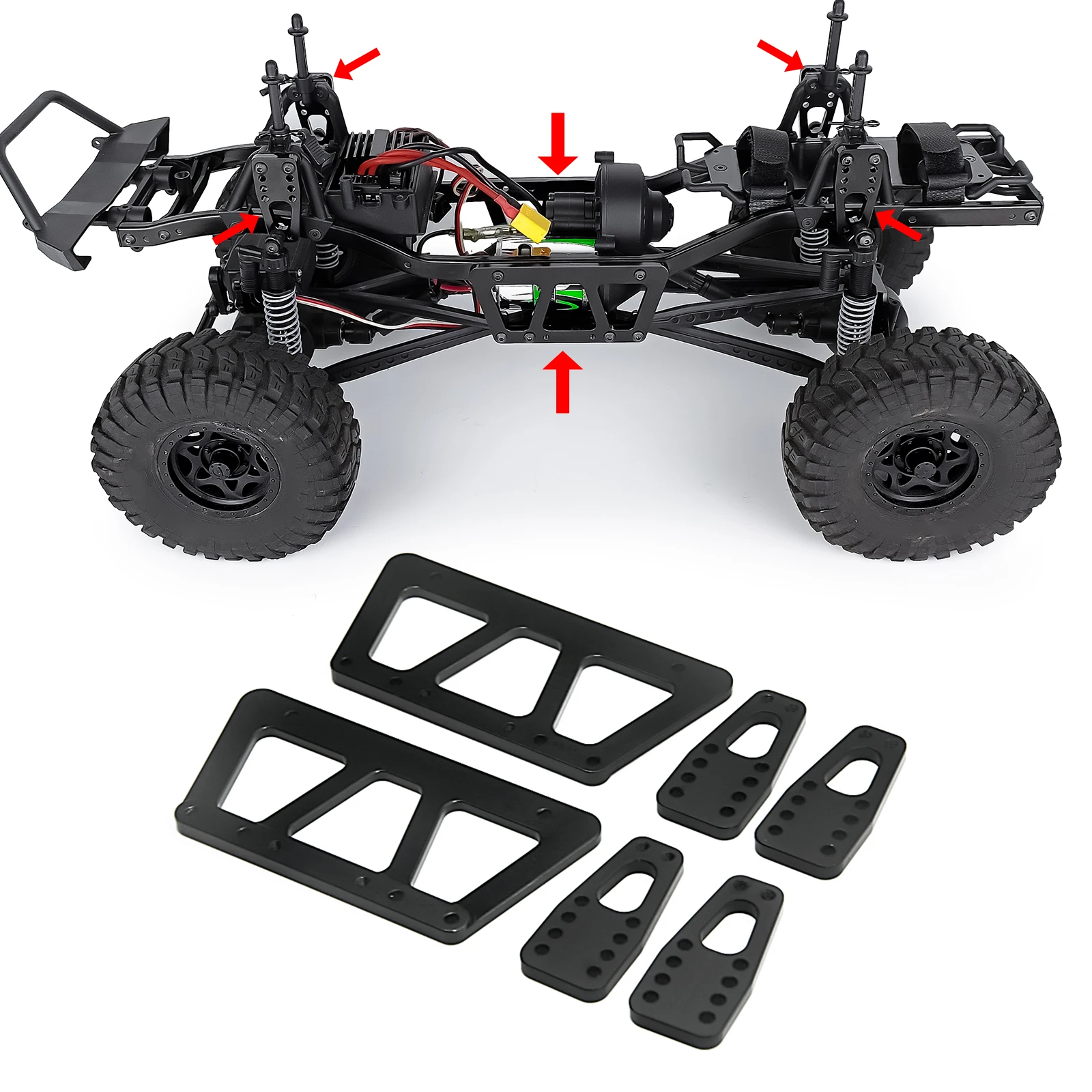 Détail du kit plaque levage châssis RC 1/10 Axial SCX10 90047 - YEAHRUN, avec vis et entretoises incluses.