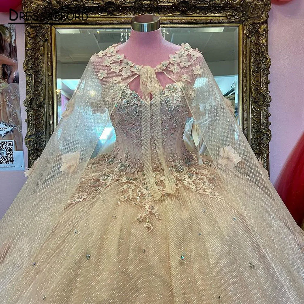 

Light Champagne Beading Crystal Quinceanera Dress With Cape Ball Gown Sweetheart Appliques 3D Flowers Corset Vestido De 15 Anos