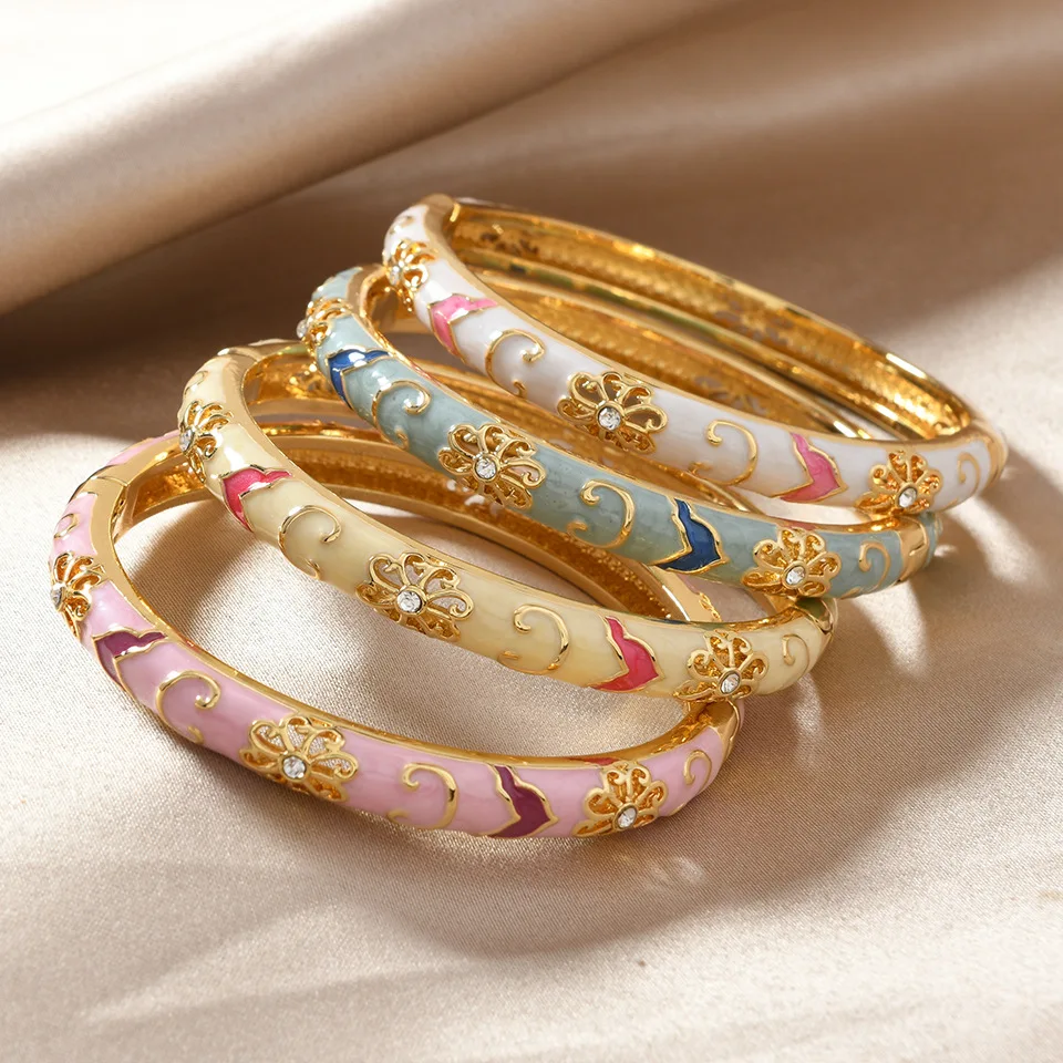 Chinese Style Luxury Stainless Steel Colorful Enamel Flower Bracelet Bangles for Women Charm Zircon Blue and White Porcelain