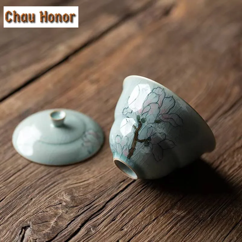 125ml Borneol Glaze Hand-painted Magnolia Covered Bowl Handmade Household Kung Fu Teaset Tea Ceremony Accessories Drinkware Gift