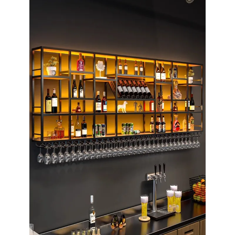 

Bar wine rack wall rack industrial wind on the wall wine cabinet restaurant wrought iron decorative luminous display rack luxury