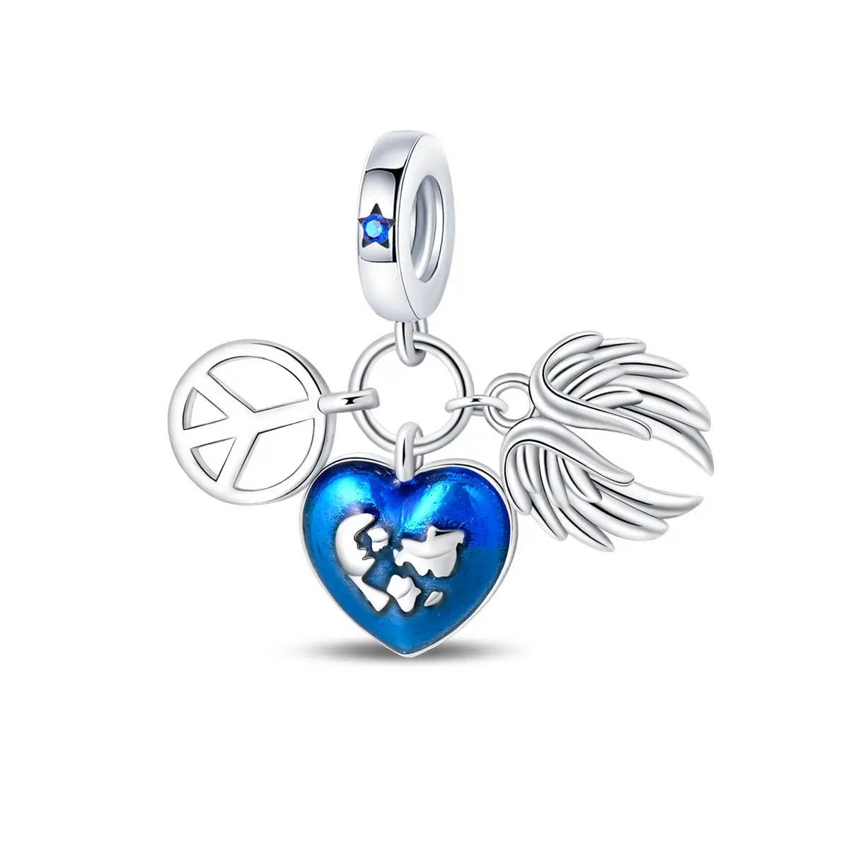 Silver Plated Beads with Colorful Crystal Pendant - Peace Dove, Globe, and Rose Heart Design