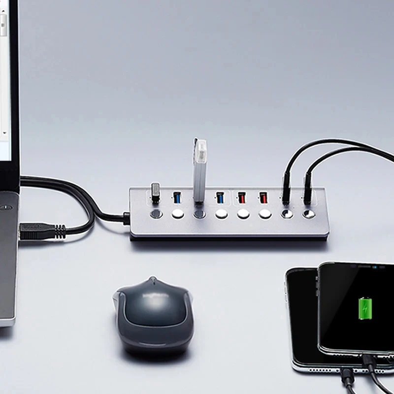 Powered Usb Hub 3.0 8-port Splitter Uma Porta de Carregamento Inteligente Individual on Off Switches 5v 3a Adaptador de Alimentação de Extensão - Imagem 2