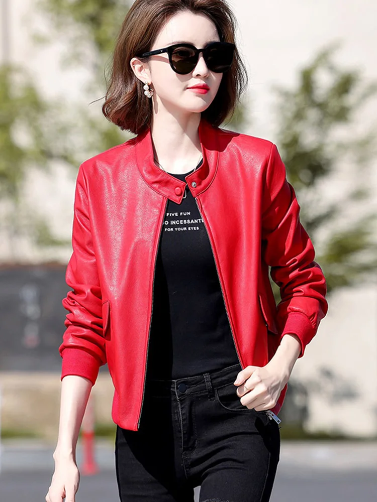 New Women Baseball Uniform Style Leather Jacket Spring Autumn Casual Stand Collar Sheepskin Jacket Short Split Leather Coat