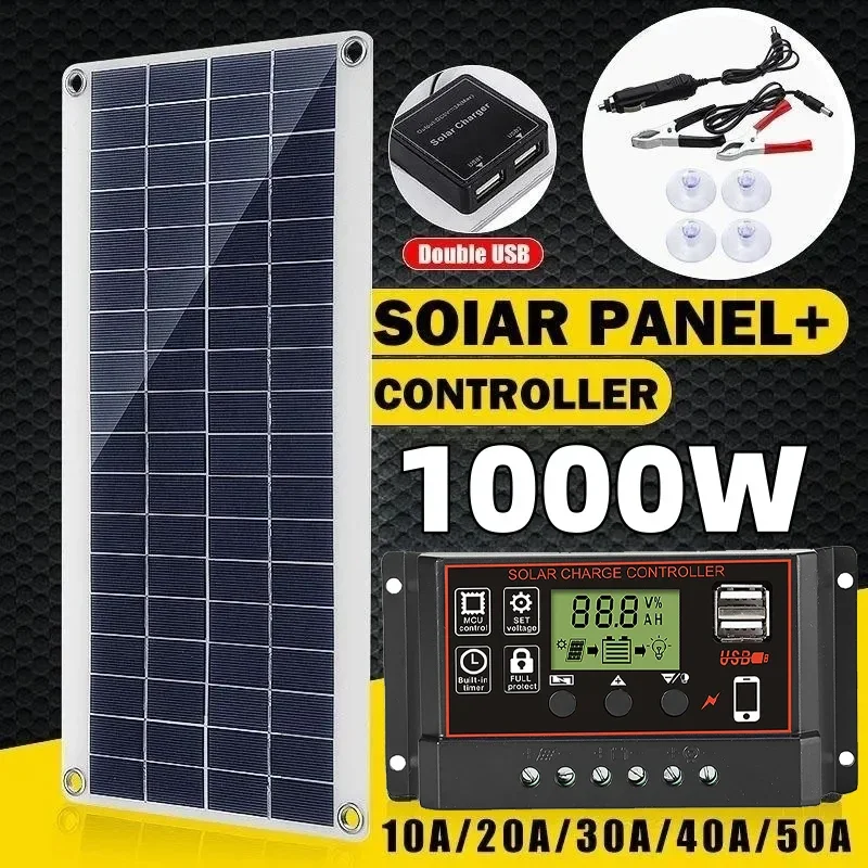 1000W Portable Solar Panel Solar Charge Controller Solar Charger Panels Solar Panels Solar Panel Kit 12V Solar Cell 10A-100A Controller Plate for Phone RV Car Caravan Home Camping Outdoor Battery