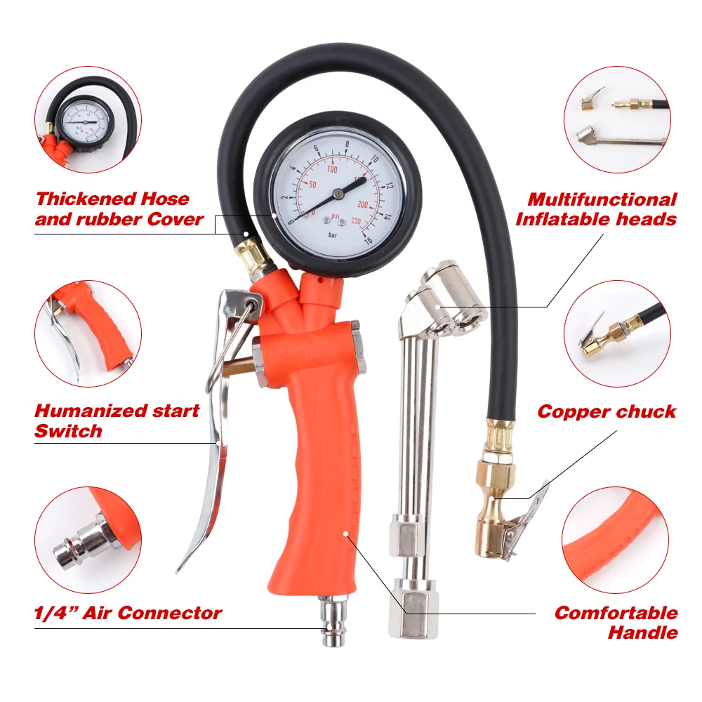 EU 인터페이스 타이어 압력 게이지, 0-230 PSI, 자동차 오토바이 SUV, 자동차 팽창기 펌프, 업그레이드 된 타이어 수리 도구, 공기 압축기 용