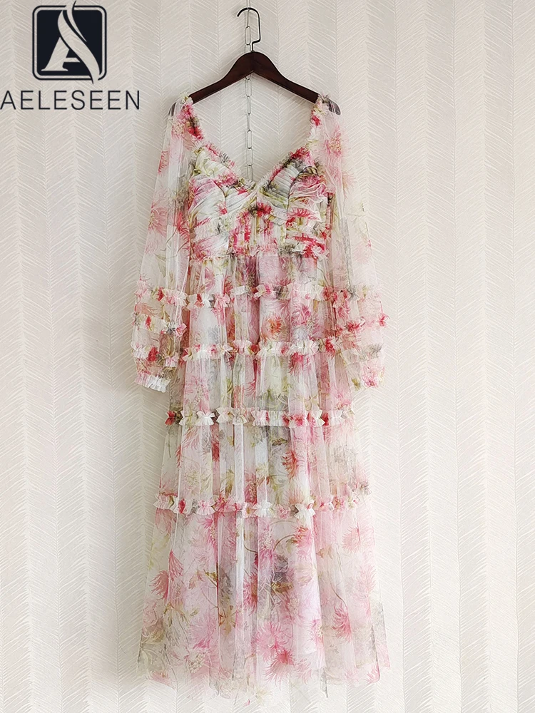 

AELESEEN Luxury Summer Dress Women Runway Fashion V-Neck Flower Print Wooden Ear Side Fungus Gauze Long Tulle Layered Party