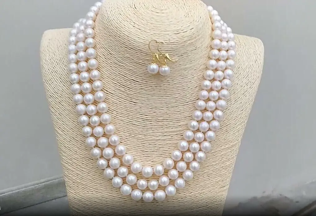 

﻿ ﻿Authentic 3-strand natural South China Sea 10-11mm white pearl necklace earrings in 14k gold color