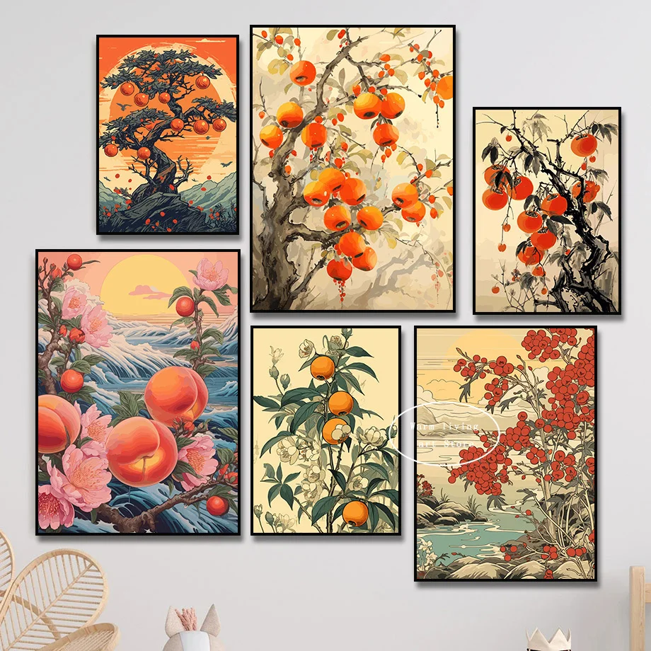 

Vintage Chinese Style Ink Fruit Pomegranate Persimmon Posters and Prints Canvas Painting Wall Art Picture Living Room Home Decor