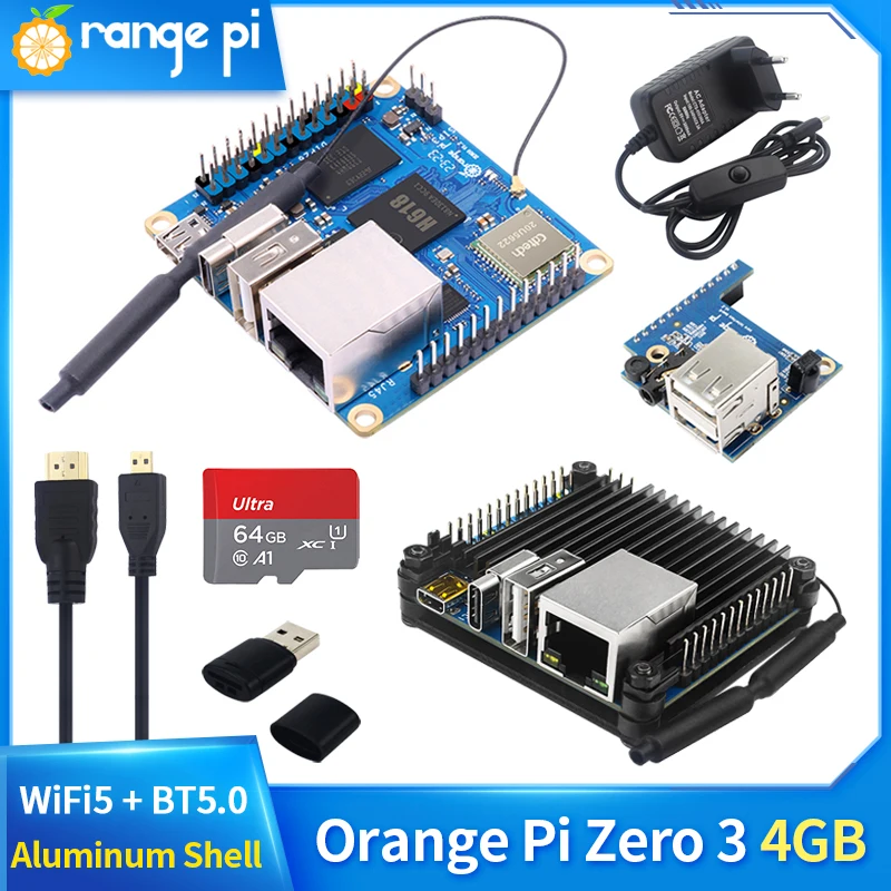 Caixa de Alumínio Orange pi Zero 4gb Ram Allwinner H618 Wifi5 Mais bt 5.0 Lpddr4 16mb Flash Spi Fonte de Alimentação Opcional para Opi 3