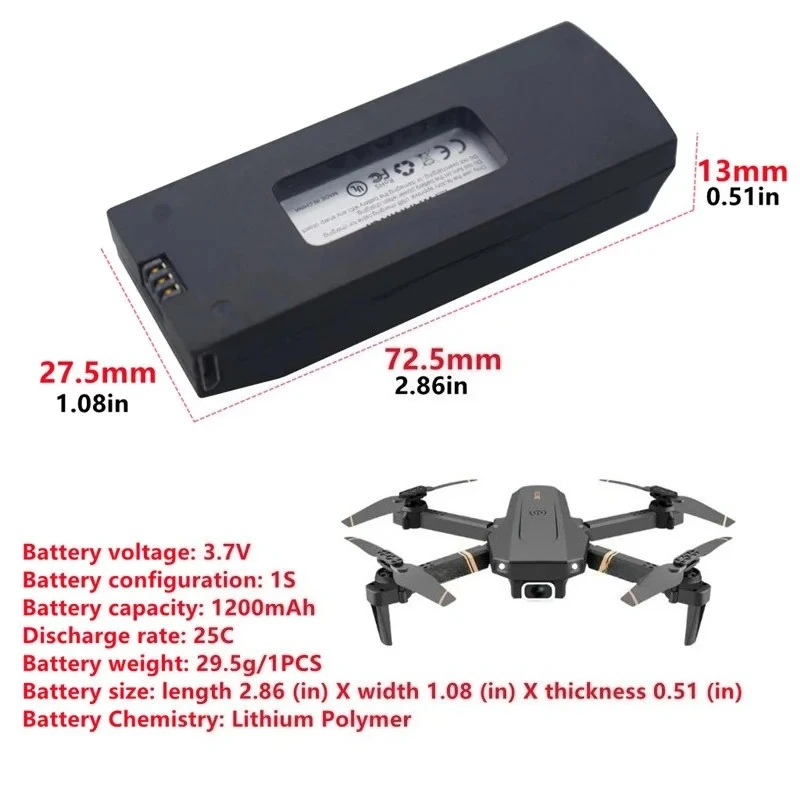 Lot de trois batteries de remplacement pour drone 4DRC V4 - 3.7V 1200mAh, alignées.